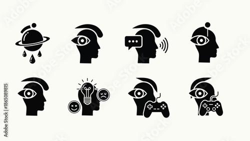 Abstract human head silhouettes with various symbolic icons and concepts
