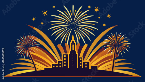 City skyline celebration with fireworks