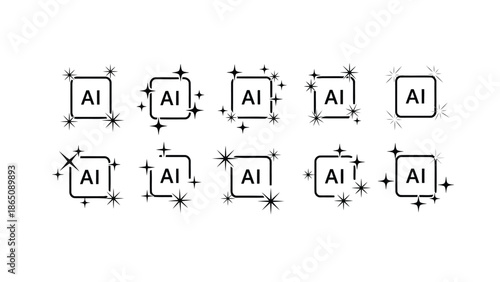 Arrangement of ai icons in square frames surrounded by sparkling stars