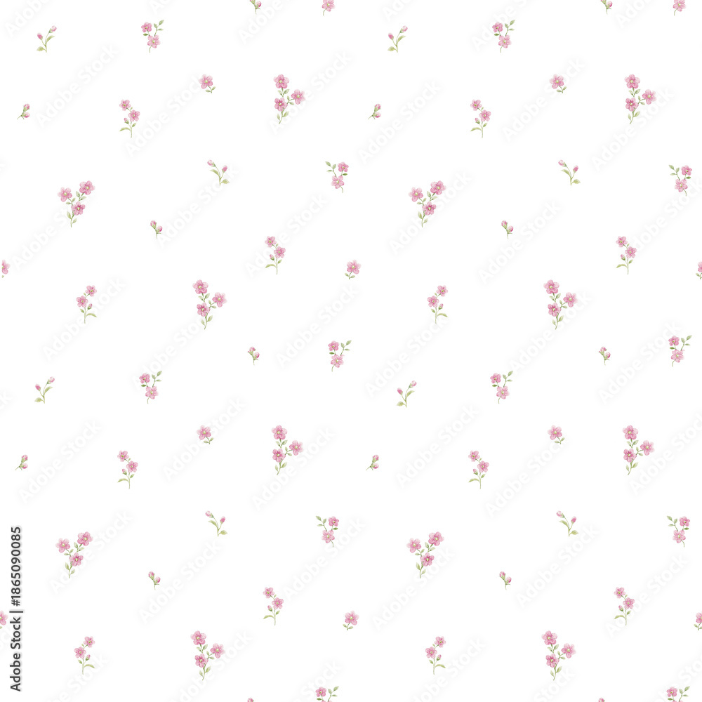 Fototapeta premium Seamless Watercolor Floral Pattern with Delicate Spring Flowers and Green Leaves