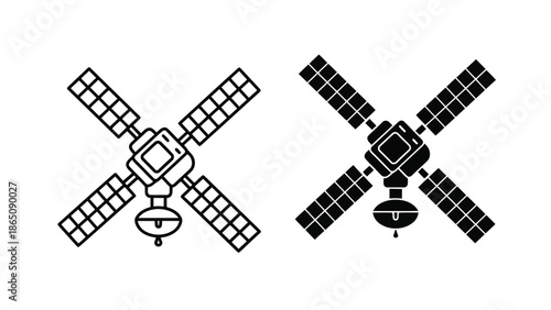 Two depictions of a satellite with large solar panels in a black and white style