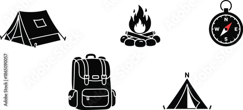 Camping icons including tent fire backpack and compass on transparent background silhouette