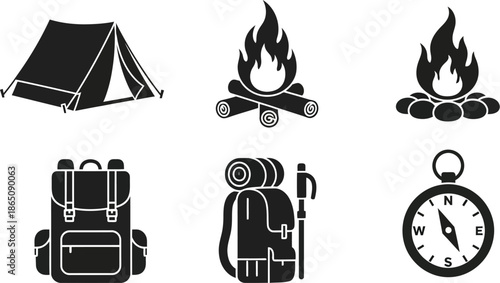 Camping equipment icons set including tent fire and backpack on transparent background silhouette