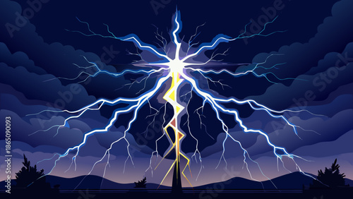 Lightning strikes over mountains