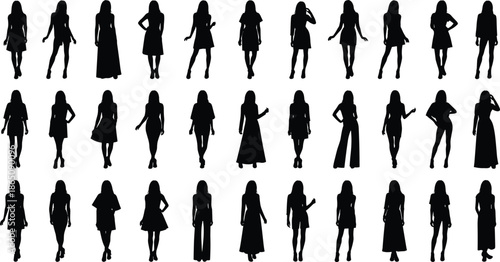Elegant female silhouettes in diverse fashion poses, showcasing modern outfits, stylish postures, and wardrobe variety for fashion design concepts.