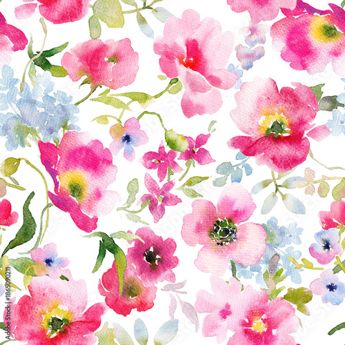 Seamless Watercolor Poppy Floral Pattern with Pink Spring Flowers