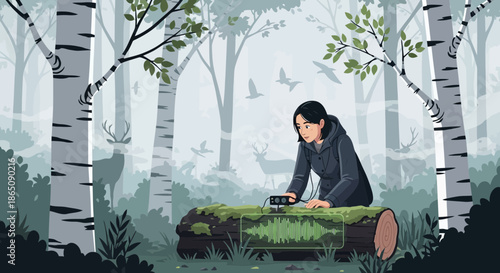 Woman Concentrating on Sound Recording in a Forest.