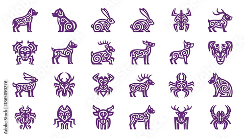 Collection of stylized purple animal illustrations in a repeating pattern