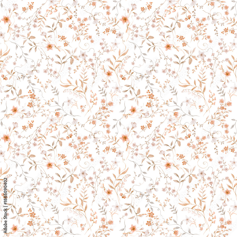 Fototapeta premium Seamless Watercolor Floral Pattern with Delicate Spring Flowers and Green Leaves