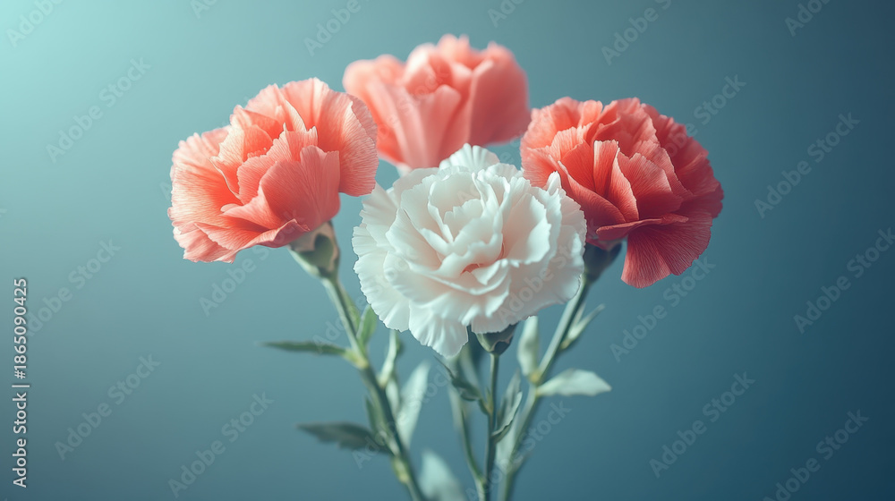 Fototapeta premium Soft pink carnation white carnation coral carnation flower bouquet floral stem delicate petal cool background studio lighting