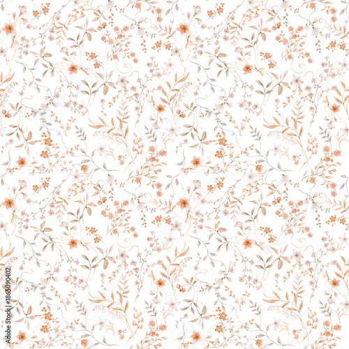 Seamless Watercolor Floral Pattern with Delicate Spring Flowers and Green Leaves