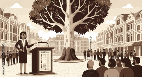 Woman Speaking at Podium in Town Square with Large Tree.