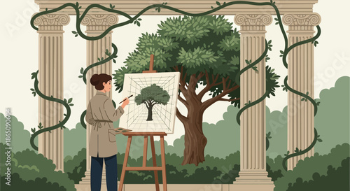 Artist Painting a Tree in a Classical Garden Setting.