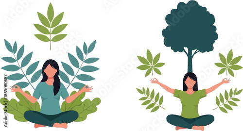 Meditating women surrounded by leaves and trees on transparent background silhouette