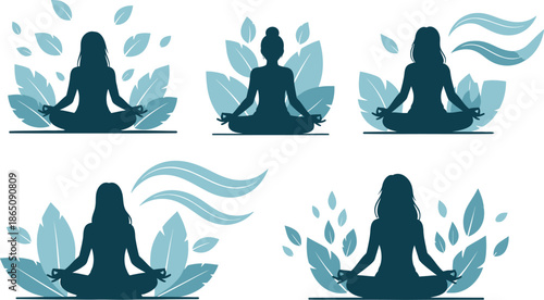 Meditating women with leaves and waves yoga poses on transparent background silhouette