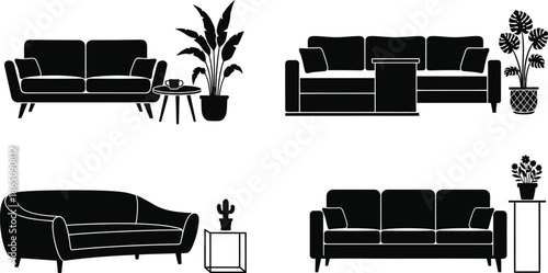 Black furniture set with sofas plants and side tables on transparent background silhouette