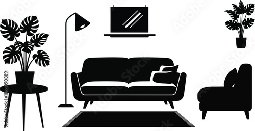 Minimalist living room interior design with furniture plants on transparent background silhouette