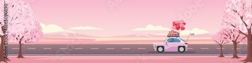 Romantic couple driving car with roof rack full of gifts and heart balloons. Road surrounded by blooming pink cherry blossoms. Valentine's Day travel concept with overall pink atmosphere. For banner.