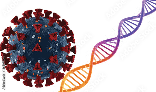 Virus and DNA illustration, SARS-CoV-2 particle, genetic strand, medical clipart, scientific vector, biology concept, healthcare, research, vaccine, pandemic