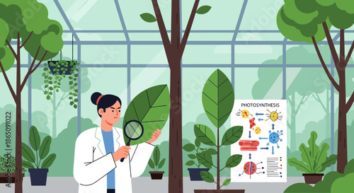Botanist examining plant leaves in greenhouse photosynthesis research.