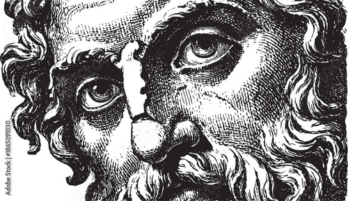 Plato bust illustration. Classic black and white vector drawing with detailed features and expression representing historical wisdom.