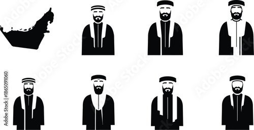 United arab emirates and arab men icons set on transparent background silhouette