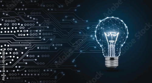 Artificial intelligence brain inside light bulb on digital circuit board background