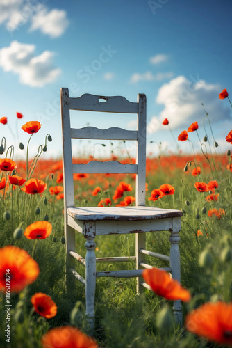 concept of empty chair for graphic creativity - white chair standing in meadow in beautiful summer day