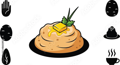 Mashed potatoes with butter and herbs food icons on transparent background silhouette