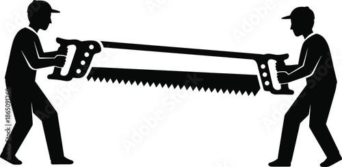 Two men using a two man saw a vintage illustration on transparent background silhouette