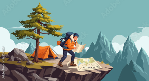 Hiker Navigating with Map on Mountain Peak Adventure.