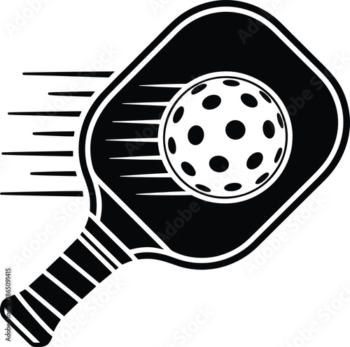 Pickleball paddle with fast-moving ball – action sports, pickleball game, speed and motion black and white illustration