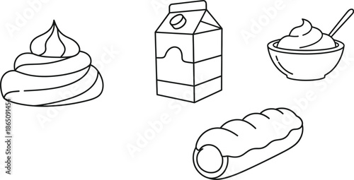 Line art illustration of dairy desserts with whipped cream on transparent background silhouette