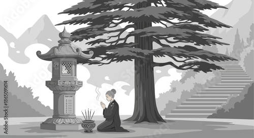 Monk in Prayer Serene Moment at Stone Lantern Shrine.