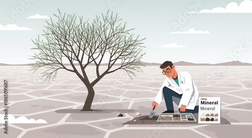 Scientist analyzing soil near a barren tree in a dry landscape.