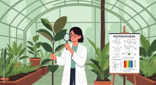 Scientist Examining Plant in Greenhouse with Magnifying Glass.