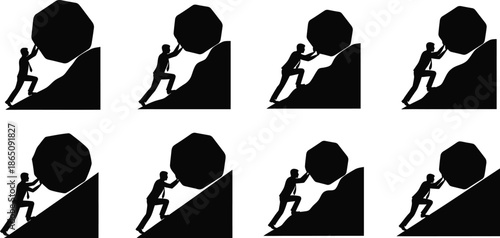 Man pushing boulder uphill in repeated sequence a symbolic silhouette on transparent background