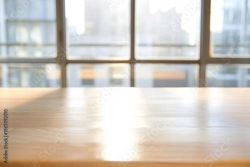 Empty Wooden Table with City Office Window Background and Natural Light