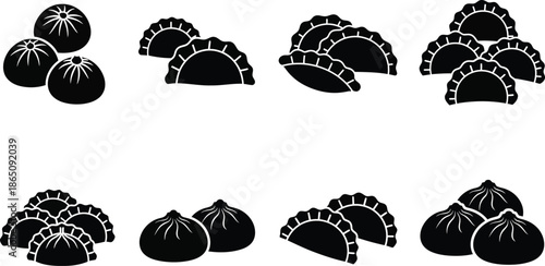 Black silhouette dumpling icons arranged in patterns on transparent background