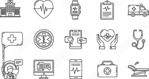 Medical healthcare line icon set with hospital, heart rate, ambulance, doctor tools and emergency symbols, modern outline vector illustration