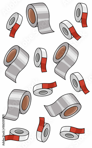 a set of rolls of sello tape with red and white colour. Office stationary object
