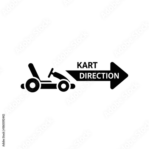 Gokart with KART DIRECTION arrow pointing right black and white illustration.