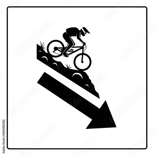Mountain biker descending a steep trail with an arrow indicating the downhill direction.