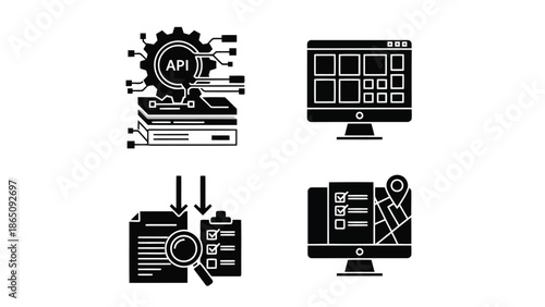 Digital interface icons displaying api data network and analysis concepts