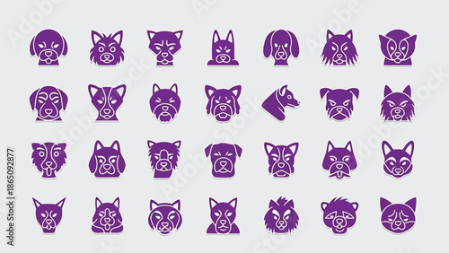 Collection of purple animal head silhouettes featuring dogs cats and raccoons