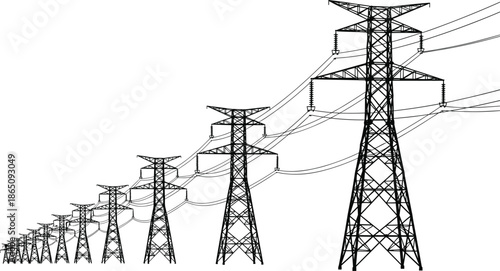High voltage electricity transmission towers with power lines in perspective view, energy grid infrastructure silhouette illustration for industry and engineering concepts