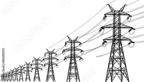 High voltage power transmission towers in perspective view, electricity grid infrastructure silhouette illustration for energy industry and engineering concepts