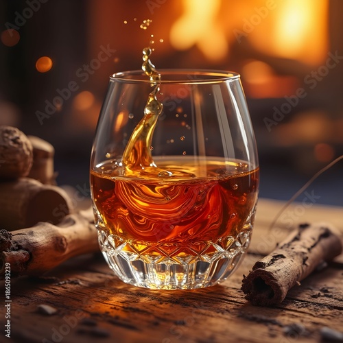 Warm whiskey splash in crystal glass by cozy fire