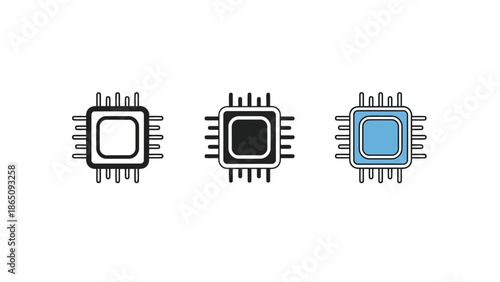 Illustrative depiction of three microchips with varying internal colors and outlines