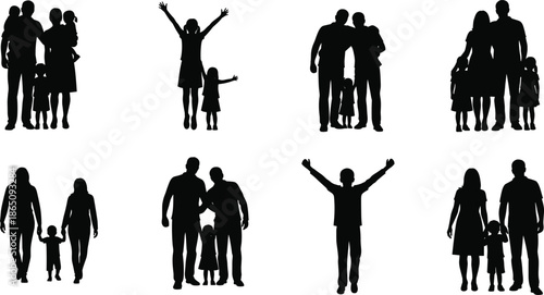 Happy family silhouettes set with parents and children, black human figures expressing love, togetherness, parenting and family life concepts